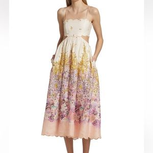 NWT Zimmermann Jude Scalloped Cut-Out Linen Midi Dress Peach Gradient Floral